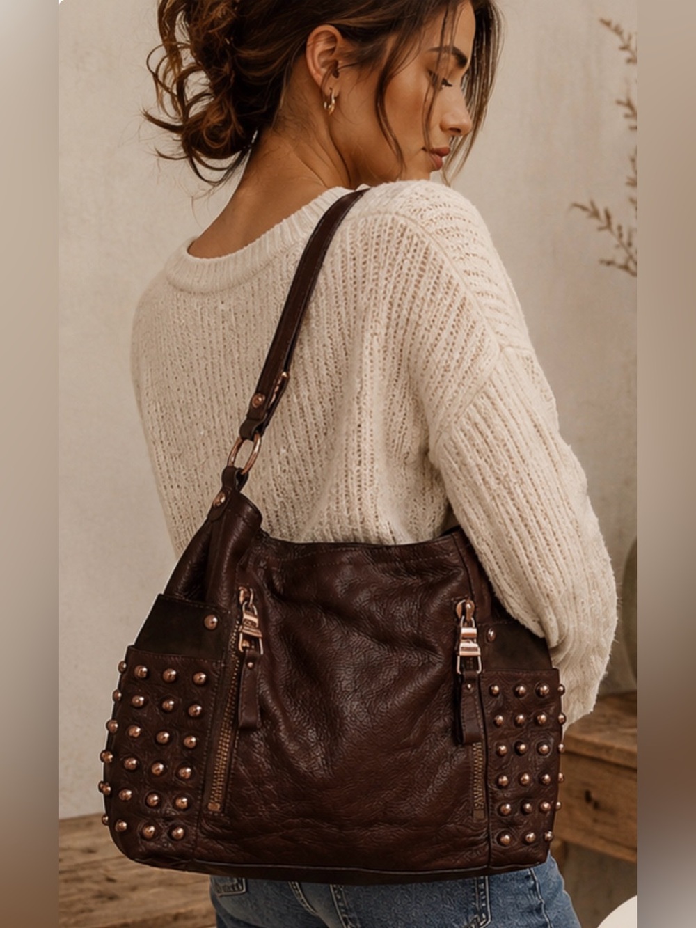 B Makowsky Chocolate Brown Leather Shoulder Bag Rose Gold Studded Hobo